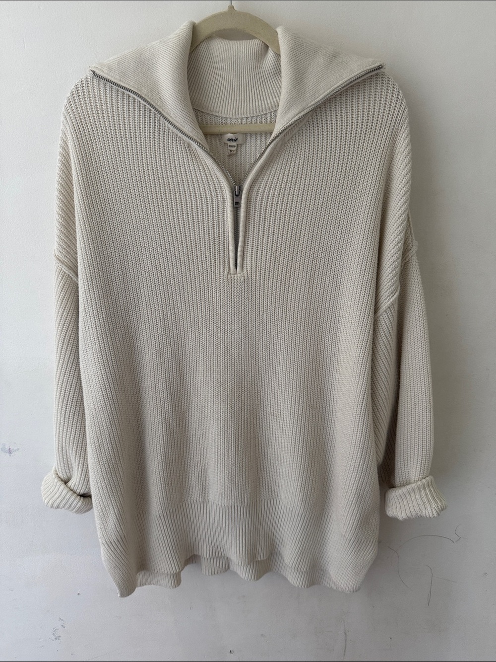 aerie Cream Half-Zip Ribbed Knit Sweater